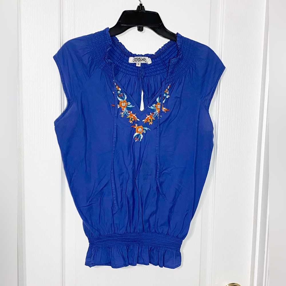 Y2K Tramp Flower Embroidered Smocked Tie Neck Peek A Boo Back Sleeveless Blouse